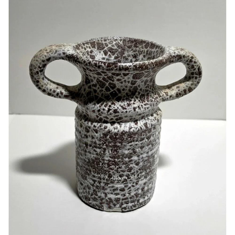 Vintage Crackle Glaze Pottery Vase.  Inscribed Signature. Mid Century W. German